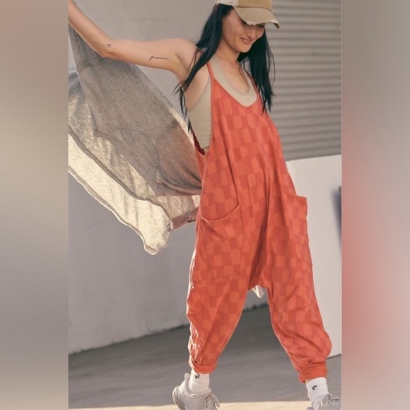 Free People Pants - Free People Hot Shot Onesie Printed Check Pink Orange FP Movement